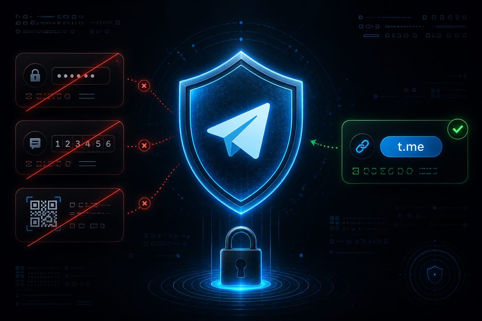Telegram security visual showing password, verification code and QR session never being shared