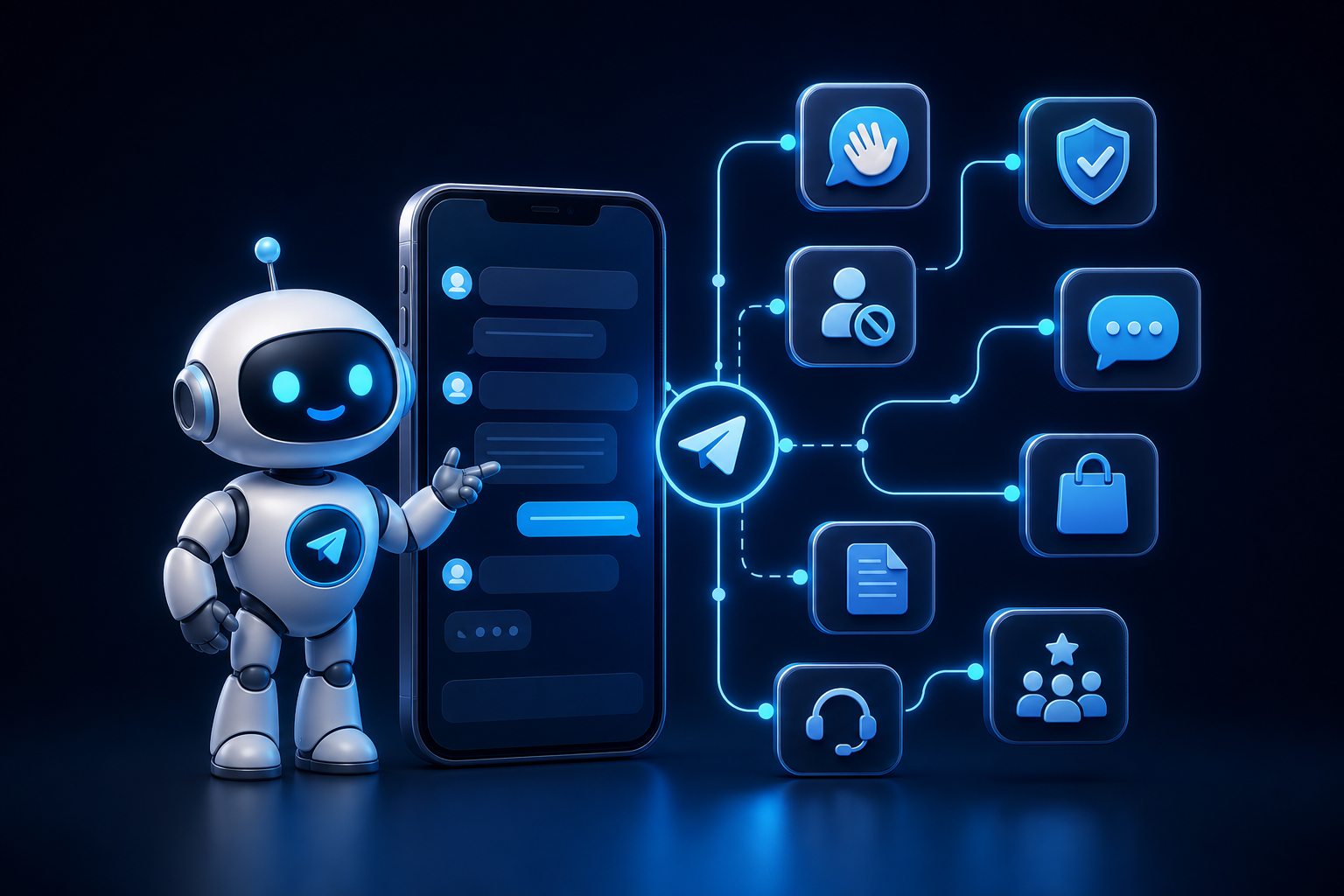 Telegram bot sohbeti açık telefonun yanında robot; karşılama, moderasyon, destek ve alışveriş simgelerine bağlı