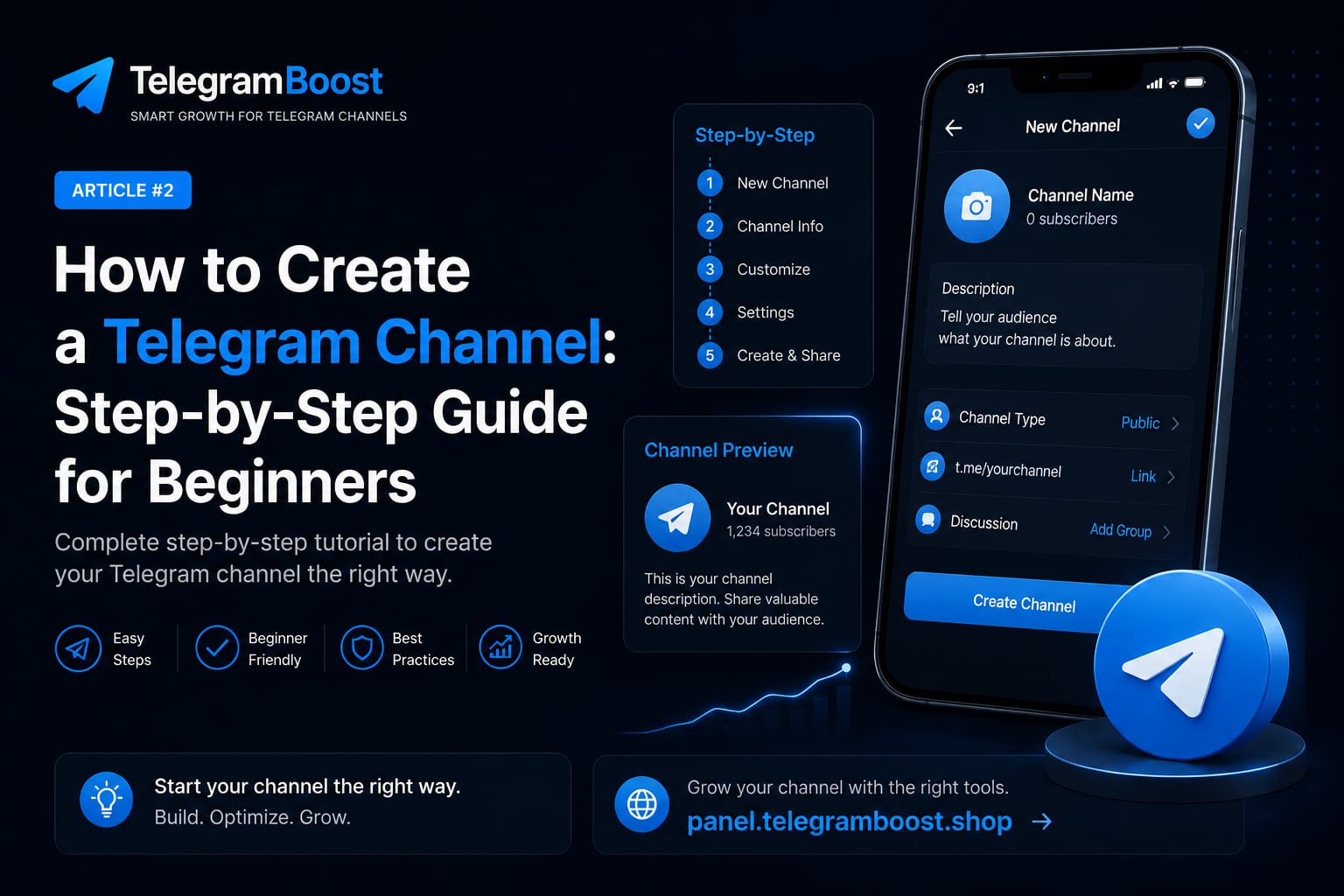 Mobilde Telegram kanalı oluşturmayı anlatan TelegramBoost kapak görseli
