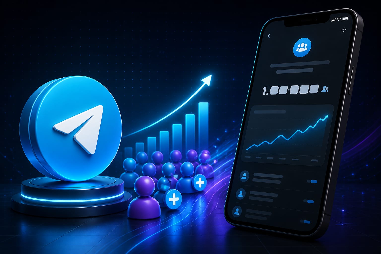 Dark TelegramBoost visual of member growth, avatars, and a rising chart
