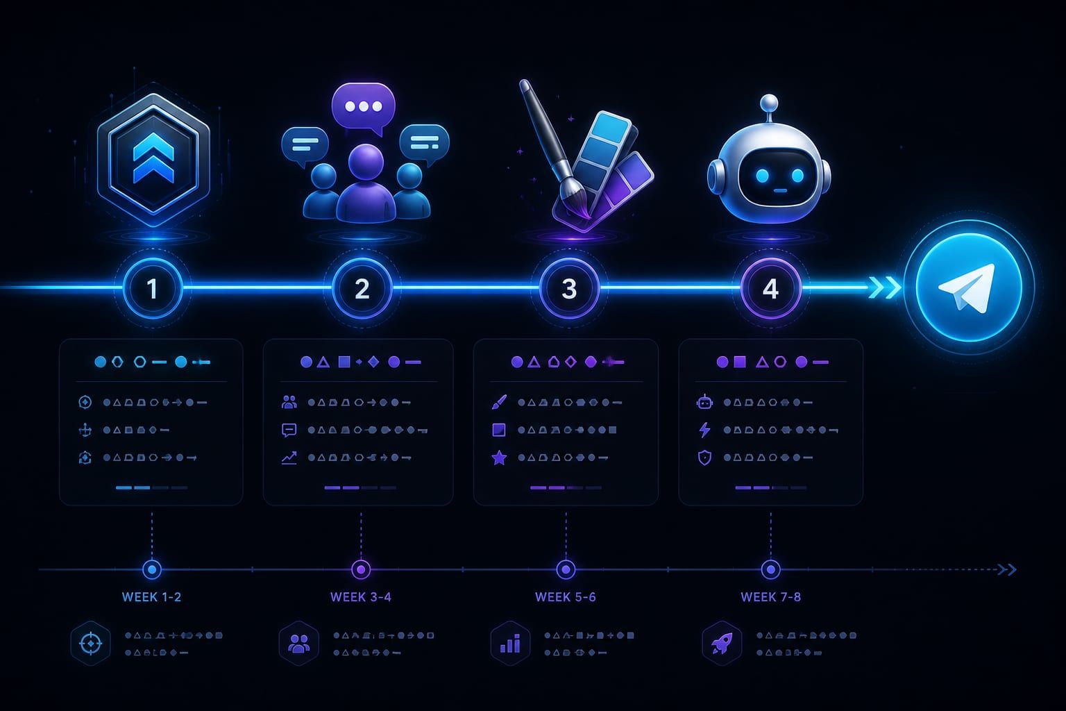 Roadmap of a Telegram channel growth plan across level, community, design and automation