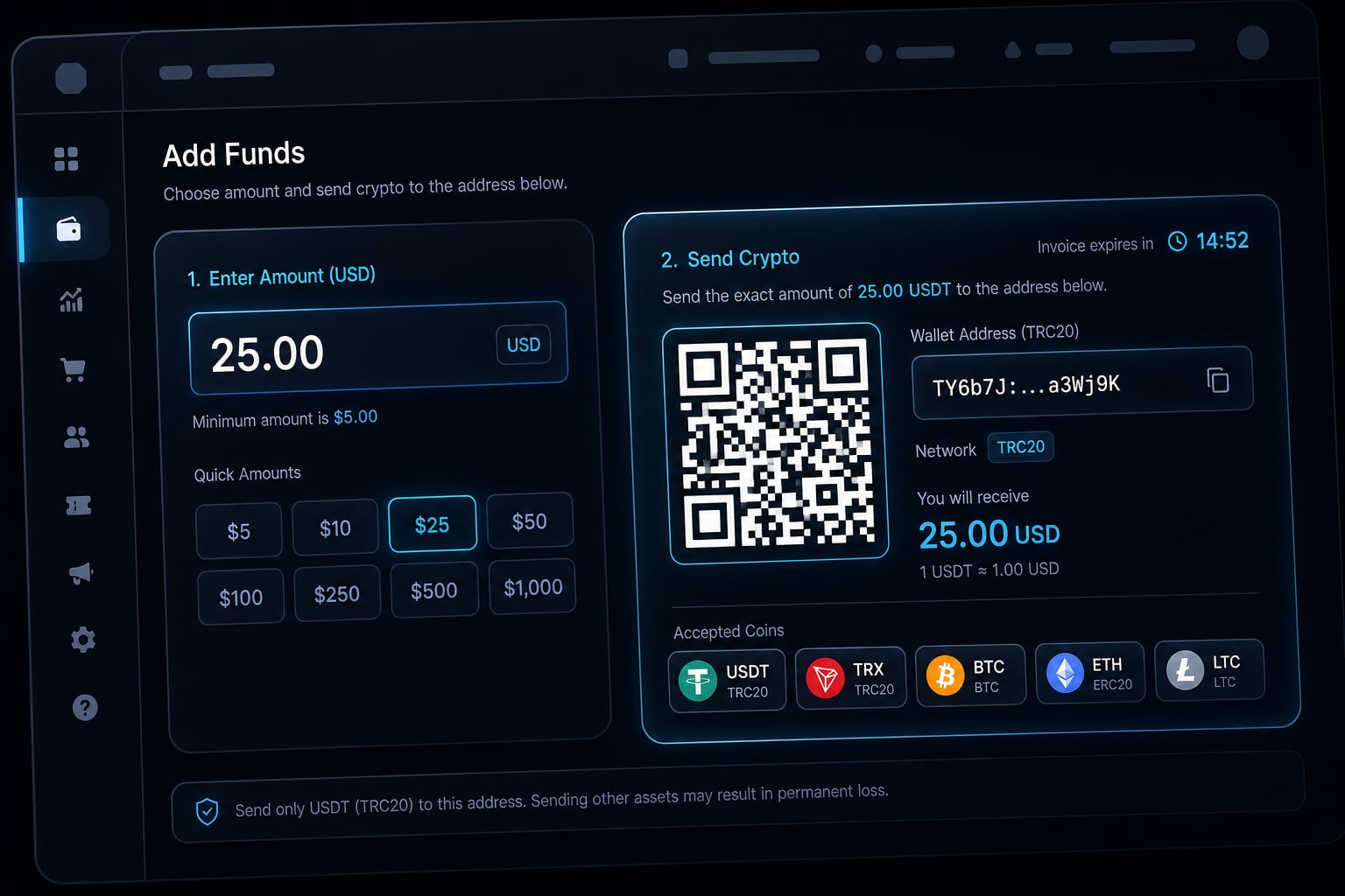 Kanada'dan SMM panel bakiyesi yüklemek için USDT, BTC, ETH, LTC ve TRX seçeneklerini gösteren bakiye yükleme ekranı