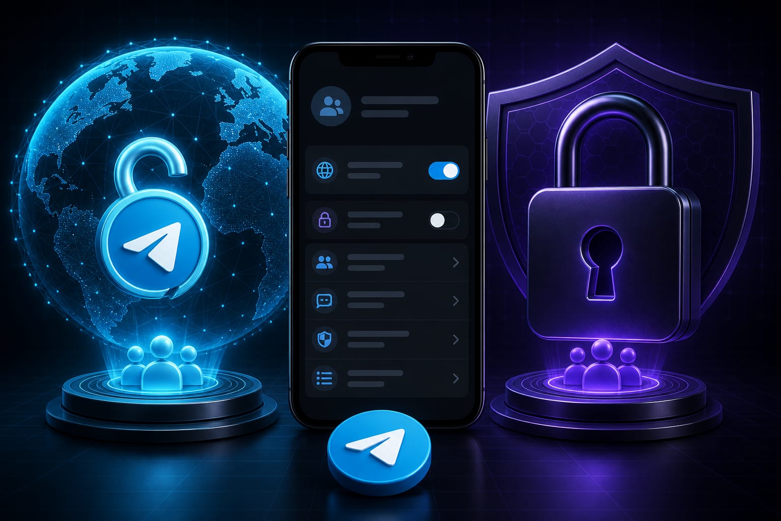 Split visual of a public globe and a private lock for Telegram channels